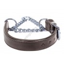 Adjustable PADDED Half check / Martingale Leather Dog Collar - Brown with Brown Lining. (Stainless Steel Chain)